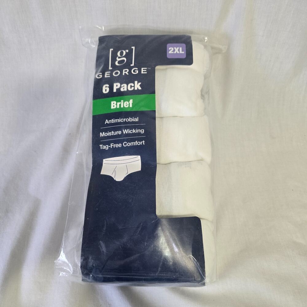 George 6 Pack Cotton Brief Men's 2XL White Antimicrobial Moisture Wicking New